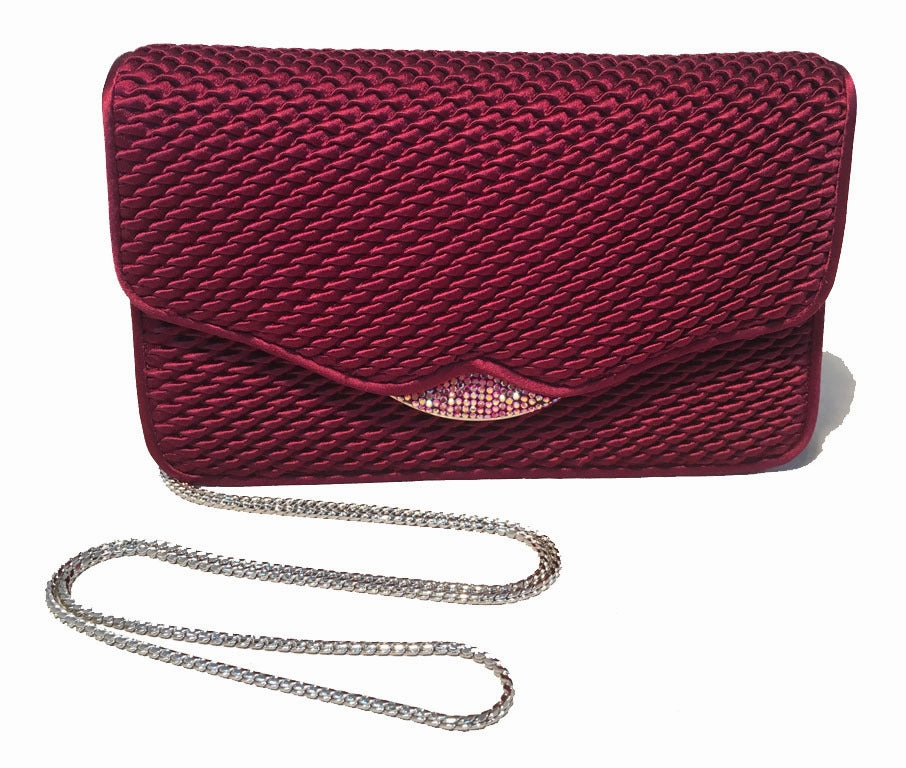 Judith Leiber Dark Red Satin Silk and Swarovski Crystal Evening Bag Clutch Chic Outfit