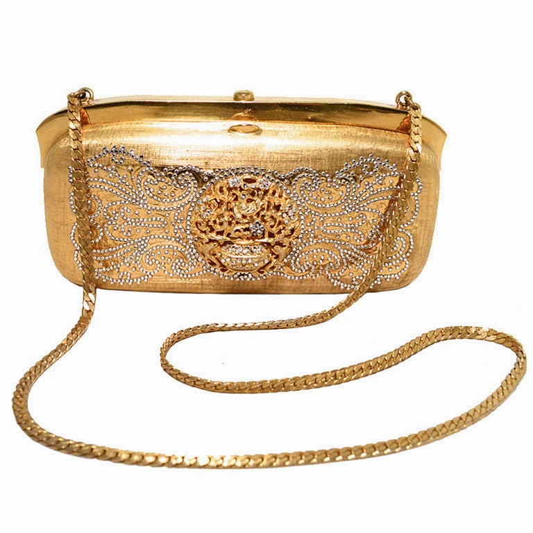 Compact Storage Judith Leiber Gold Filagree Swarovski Crystal Box Minaudiere