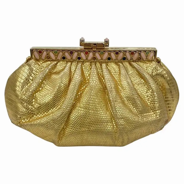 Classic Appeal Judith Leiber Gold Lizard Gemstone Top Clutch