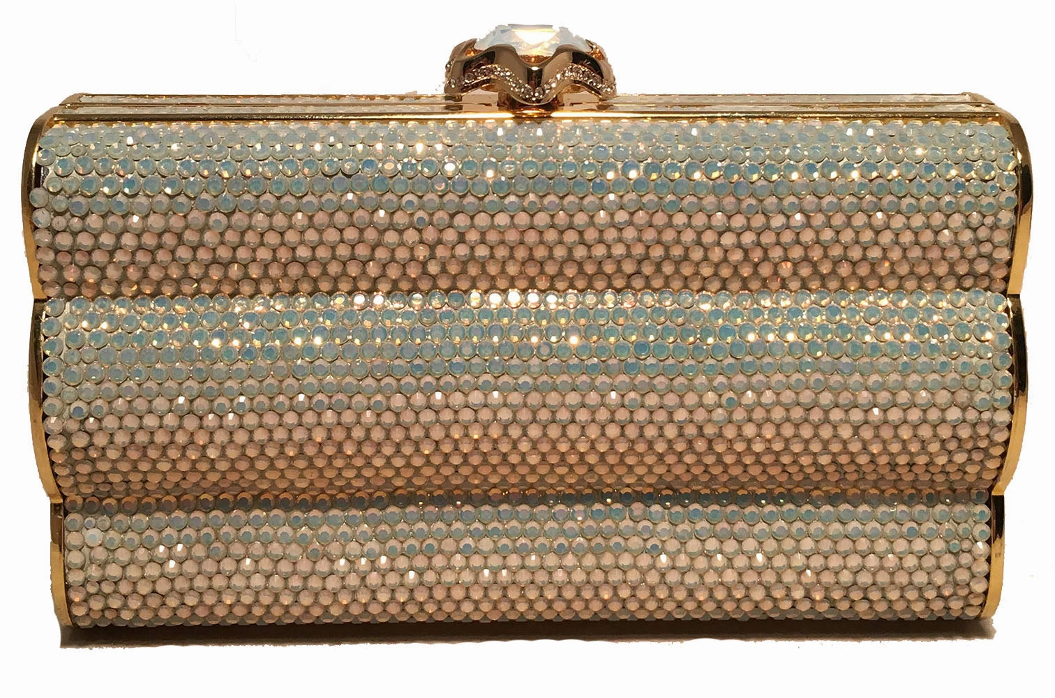 Chic Outfit Minimal Finish Judith Leiber Iridescent Swarovski Crystal Gold Minaudiere Evening Bag Clutch