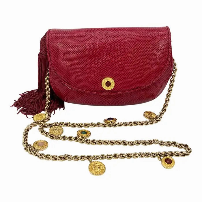 Iconic Style Elegant Simplicity Judith Leiber Red Lizard Tassel Charm Strap Clutch Shoulder Bag