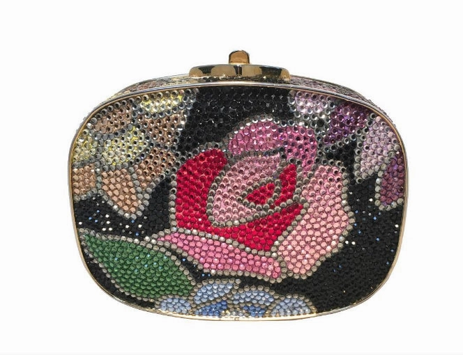 Bold Color fashion charm Judith Leiber Swarovski Crystal Black Floral Box Minaudiere