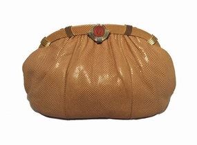 Trendy Accessory Judith Leiber Tan Lizard Oversized Vintage Clutch With Red Cameo