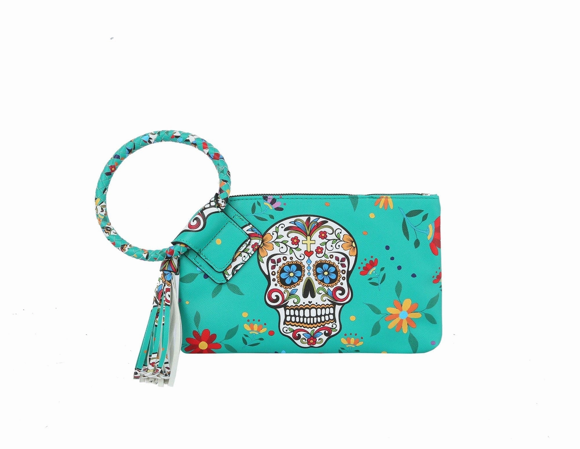 JY0406 Gabriela Sugar Skull Day of the Dead Tassel Wristlet/Clutch Card Storage