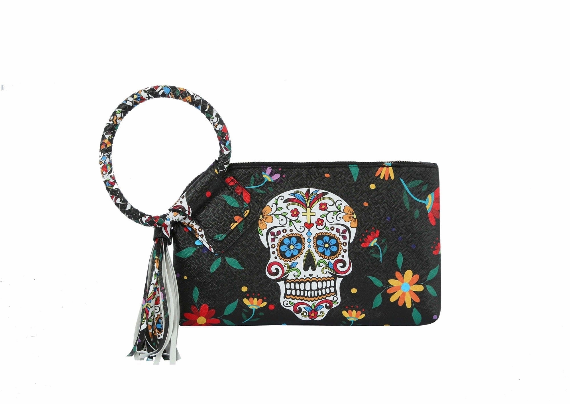 Trendy pouch with compartments Premium quality coin pouch JY0406 Gabriela Sugar Skull Day of the Dead Tassel Wristlet/Clutch