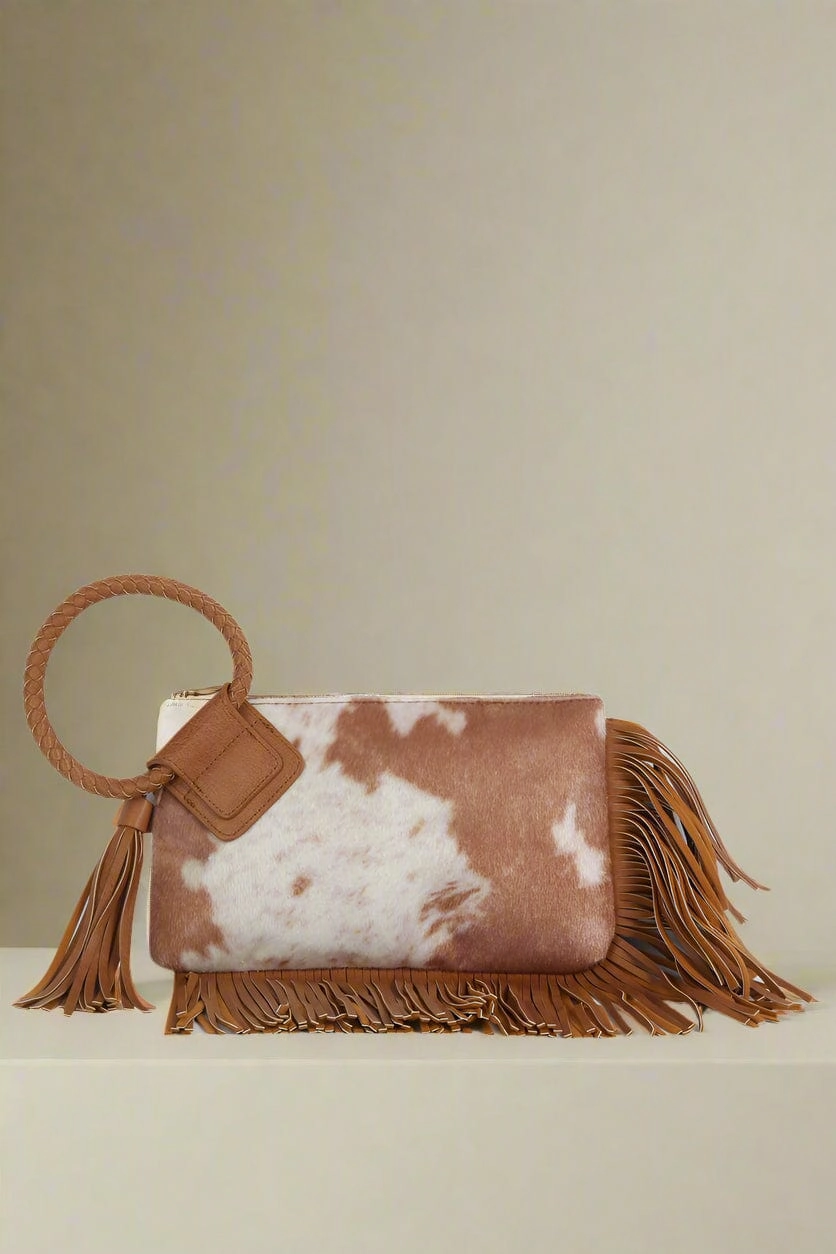 Travel Ready JY0568 Faux Suede Cow Print Fringe Wristlet/Clutch With Tassel