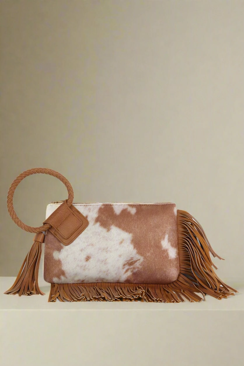 Refined Simplicity Magnetic Close JY0568 Faux Suede Cow Print Fringe Wristlet/Clutch With Tassel