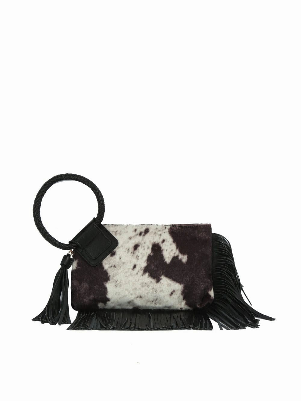 Refined Finish JY0568 Faux Suede Cow Print Fringe Wristlet/Clutch With Tassel