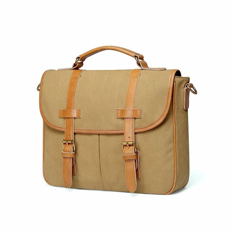 Khaki Canvas Leather Mens Casual Briefcase Shoulder Bag Messenger Bags Casual Courier Bags for Men Portable Comfort Stylish Simplicity