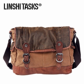 Outdoor Comfort Versatile utility Khaki Canvas Leather Mens Coffee Side Bag Messenger Bag Khaki Canvas Courier Bag for Men