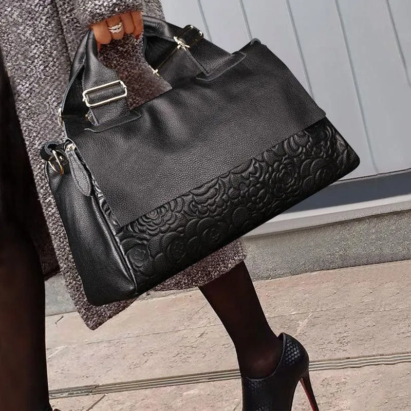 Minimal Style Comfortable Carryall Large Elegant Cowhide Leather Shoulder Bag with Leopard Print Accent and Floral Print, Fashion Leather Handbag