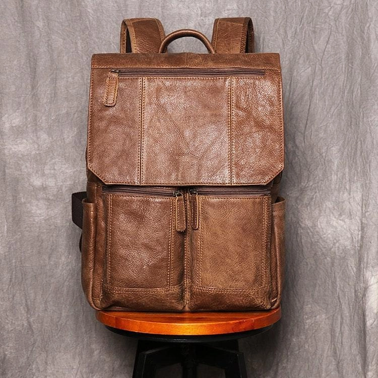 Breathable Material Large Brown Leather Backpack, Personalized Full Grain Leather Knapsack Rucksack, Leather Anniversary Gifts Women/Men, Monogram Bags Handmade
