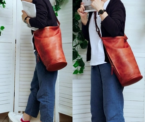 Large Handcrafted Bucket Bag, Leather Shoulder Bag Gift, Women Leather Casual Bag, Men Leather Bag, Brown/Black Retro Leather Bag Comfort Everyday Wear Soft Texture Finish