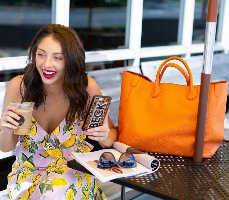 Large Leather Tote Bag, Cowhide Leather Bag, Must-have Lady Fashion Bag, Grain Leather Weekend Bag Orange, Personalized Gifts Space Efficient