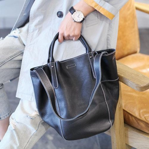 Fashion Womens White Leather Bucket Vertical Tote Bag Bucket Black Shoulder Bag Bucket Handbag Purse Casual Modern Everyday Essential