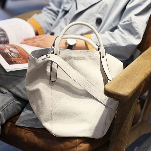 Fashion Womens White Leather Bucket Vertical Tote Bag Bucket Black Shoulder Bag Bucket Handbag Purse Balanced Design