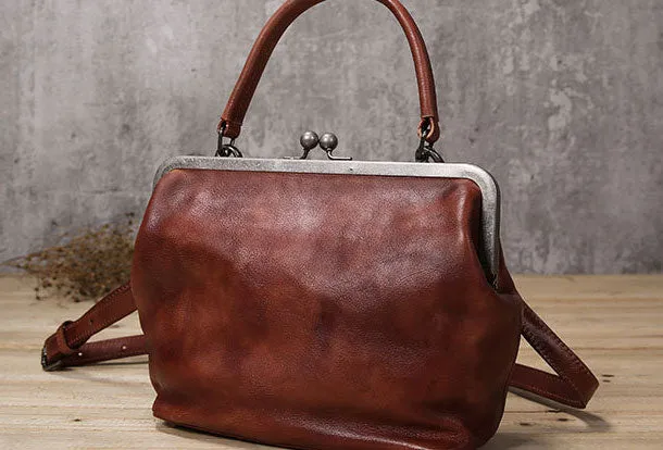 chic aesthetic Classic Utility Handmade Genuine Bag Vintage Frame Leather Handbag Shoulder Bag Crossbody Bag Women Leather Purse