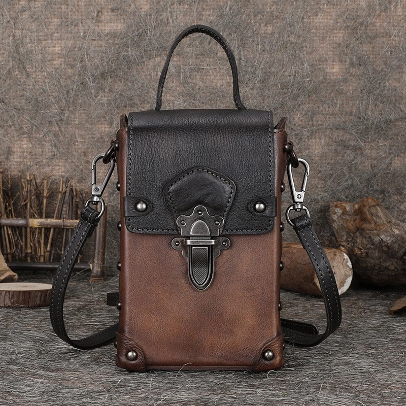 Leather Brown Womens Small Box Shoulder Bag Cube Small Handmade Handbag Purse for Ladies Secure Zipper Elegant Evening