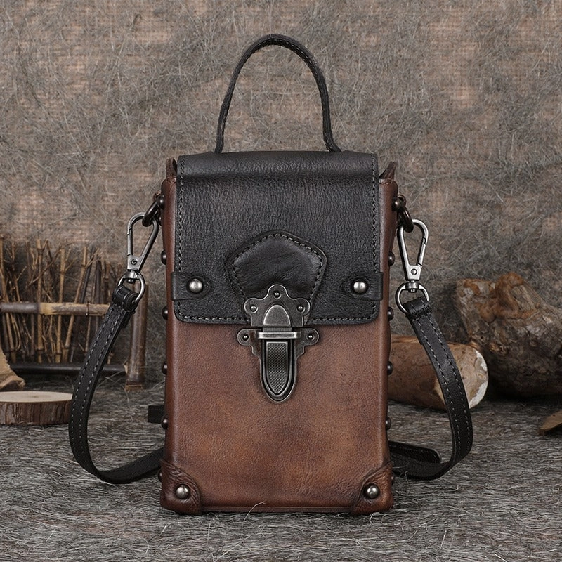 Functional Craft Secure Zipper Leather Brown Womens Small Box Shoulder Bag Cube Small Handmade Handbag Purse for Ladies