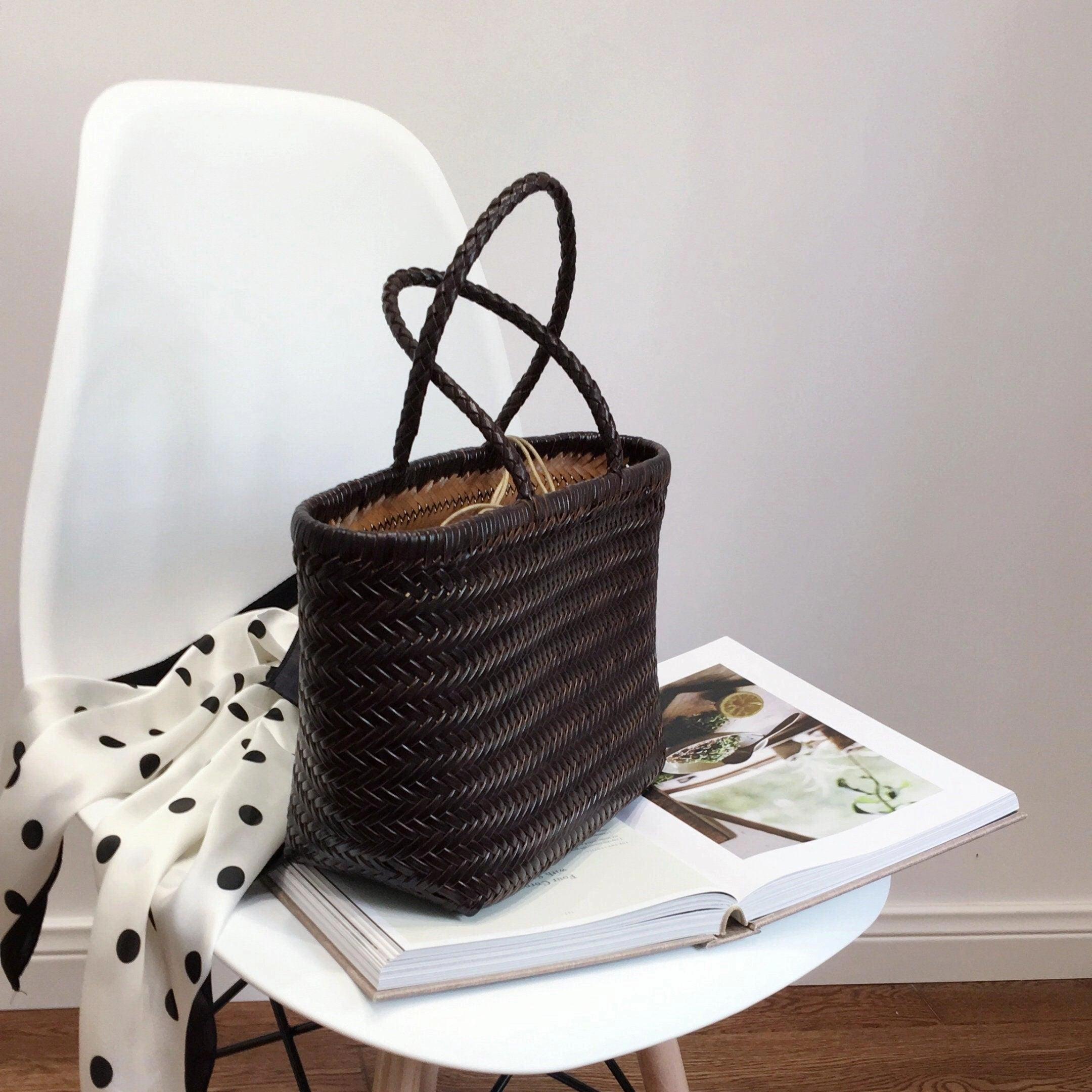 Urban Style Reinforced Seams Leather Handbag Genuine Leather Bag Woven Leather Handbag | Hand Woven Triple Jump Bamboo Style Ladies Hobo Holiday Bag, Weekend Basket Bag