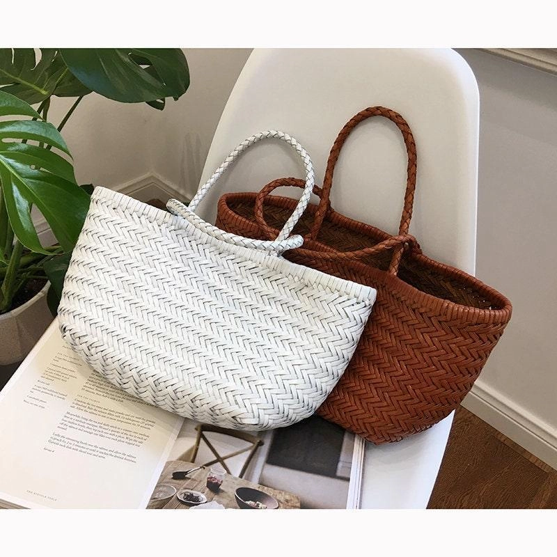 Leather Handbag Genuine Leather Bag Woven Leather Handbag | Hand Woven Triple Jump Bamboo Style Ladies Hobo Holiday Bag, Weekend Basket Bag Dual Zipper