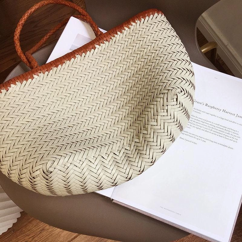 Waterproof Design Leather Handbag Genuine Leather Bag Woven Leather Handbag | Hand Woven Triple Jump Bamboo Style Ladies Hobo Holiday Bag, Weekend Basket Bag