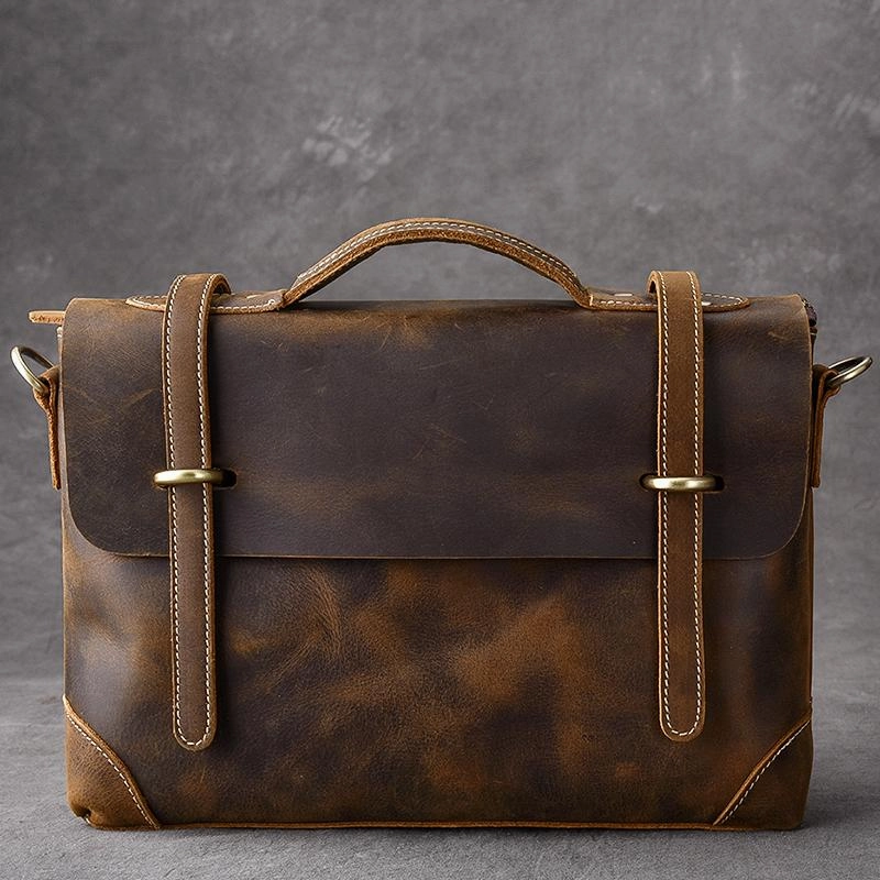 Leather Mens Brown Briefcase 13'' Laptop Bag Messenger Bag Shoulder Bag For Men Functional Design Urban Everyday