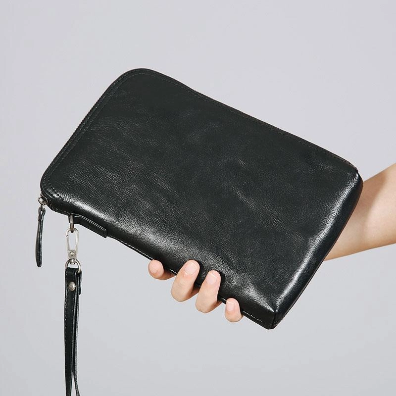 Flexible Design Minimalist Appeal Leather Mens Clutch Cool Wallets Zipper Clutch Messenger Bag Wristlet Wallet for Men
