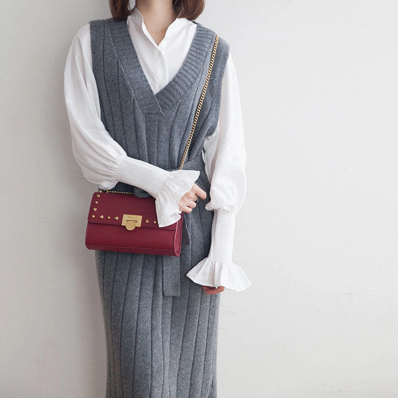 Leather Stylish Womens Rivet Handbag Work Purse Chain Shoulder Bag for Women Modern Casual