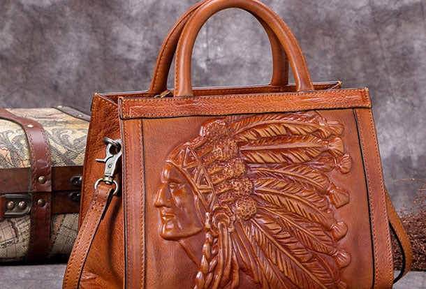 Leather Women Handbag Tooling Vintage Bag Shoulder Bag Purse For Women Office Essential Compact Feature