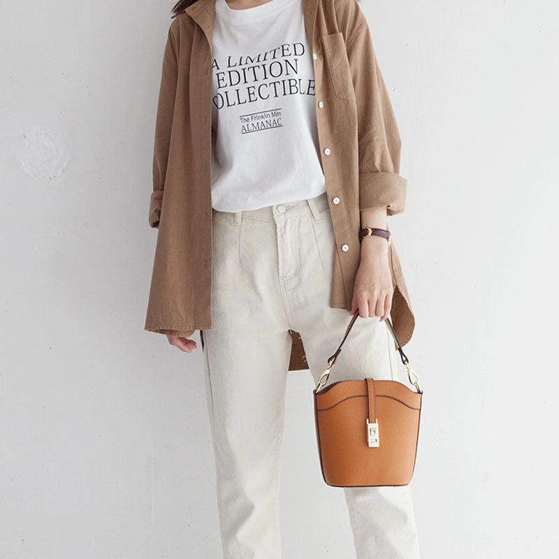 Classic Minimalist City Style Leather Womens Stylish Mini Bucket Handbag Crossbody Purse Barrel Shoulder Bag for Women