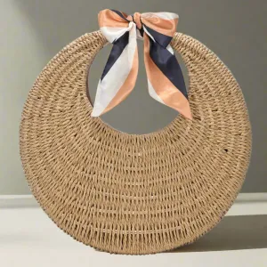BGW5122 Straw Circle Handbag With Scarf Reusable Bag