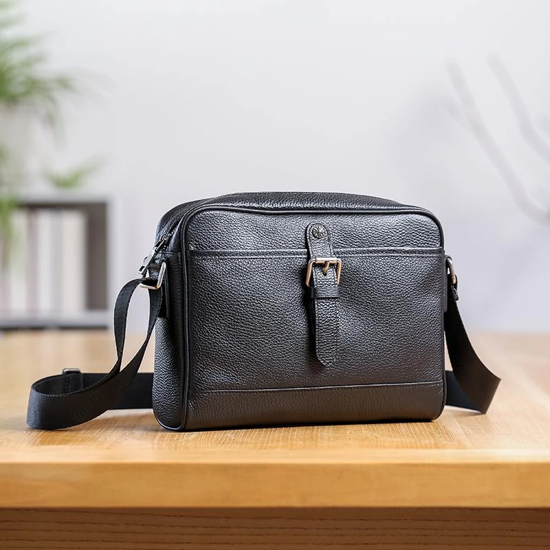 Casual Black Leather MENS Small Side Bag Black Messenger Bag Leather Courier Bag For Men Outdoor Lifestyle