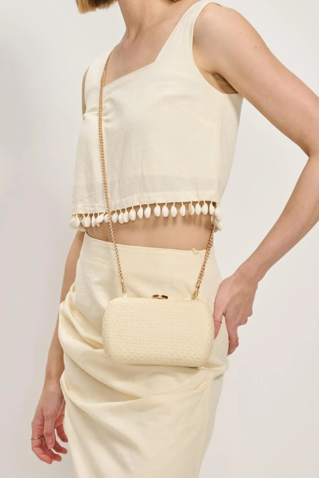 36269ML Roxie Straw Clutch With Chain Strap Sleek Compact Shape Comfortable to carry all day without causing strain