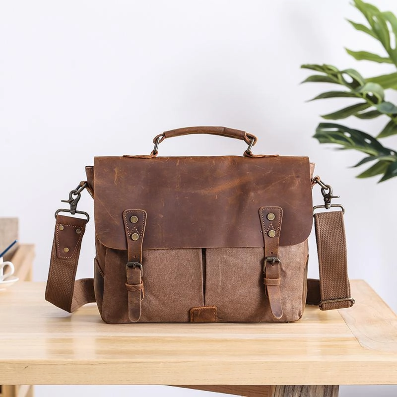 Casual Canvas Leather Mens Khaki Handbag 14'' Side Bag Gray Messenger Bag For Men Easy Access Effortless Organizer