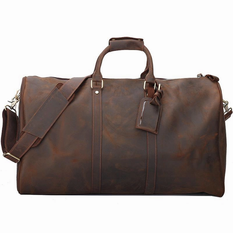 side pocket Vintage Brown Leather Mens Casual Large Travel Bags Shoulder Weekender Bags Duffle Bag For Men
