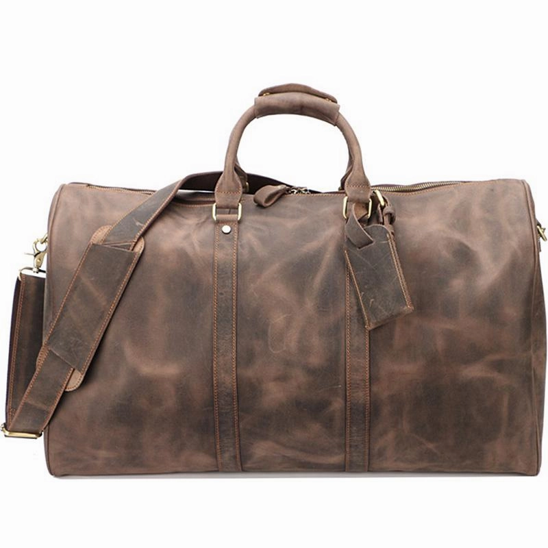 Multiple Carrying Styles Vintage Brown Leather Mens Casual Large Travel Bags Shoulder Weekender Bags Duffle Bag For Men