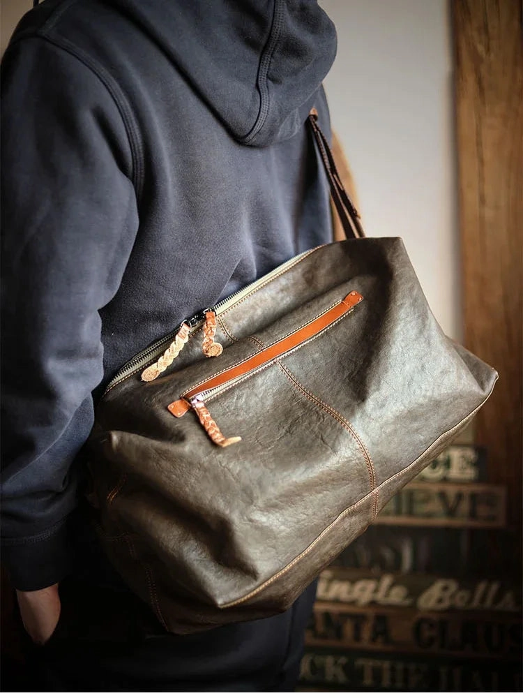 Lightweight Men's Soft Full-Grain Leather Travel Bag, Handmade Durable Cowhide Crossbody, Large Gym Bag, Weekender & Laptop Shoulder Bag Outdoor Adventure Bag Outdoor Fit