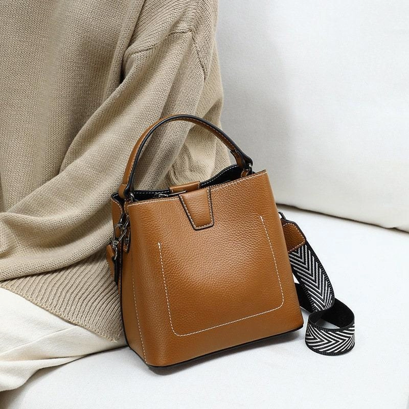 Real Genuine Leather Square bucket bag, Leather Small Crossbody Purse, Women's Shoulder Bag, Women Fashion Bag, Mother's Day Gift Classic Work Accessory