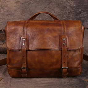 Vintage Mens Brown Leather Briefcase Messenger Bag Black Side Bag Work Bag for Men Minimal Travel