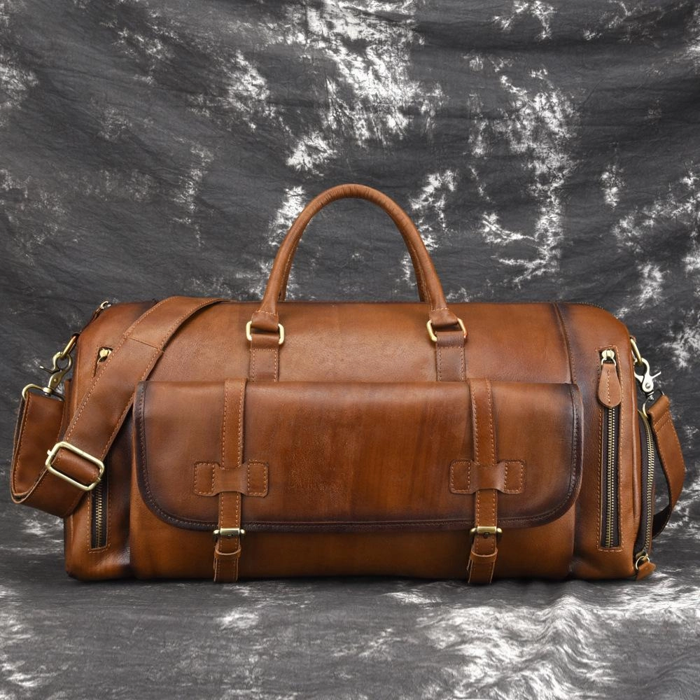 Cool Brown Leather Men's Overnight Bag Travel Bag Duffel Bag Weekender Bag For Men Mesh Pocket