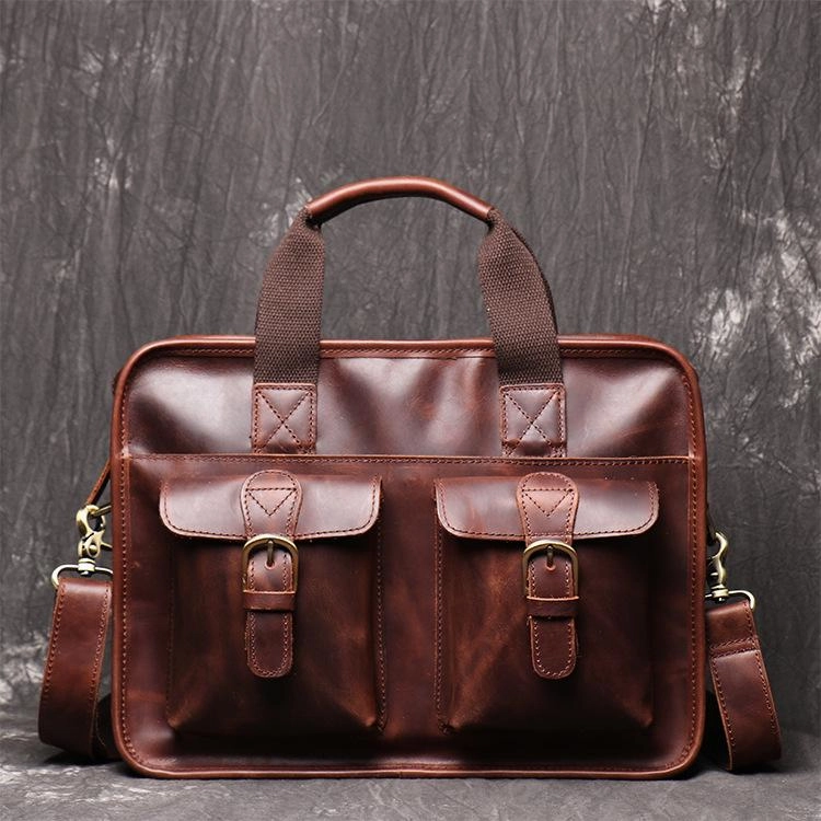 Balanced Structure Red Brown Leather Mens 14 inches Large Laptop Work Bag Handbag Briefcase Shoulder Bags Business Bags For Men