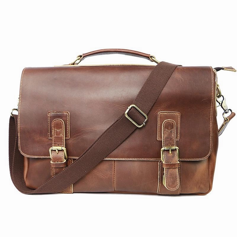 Vintage Black Mens Leather Briefcase Work Handbags Brown 14'' Computer Briefcases For Men Elegant Utility Versatile fold-over purse