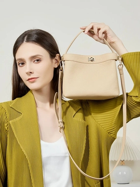 Stylish Daywear Accessory Durable Everyday Use Luxury Pebble Leather Handbags | Genuine Cowhide Small Shoulder Bucket Bag | Crossbody & Top Handle Purse for Women