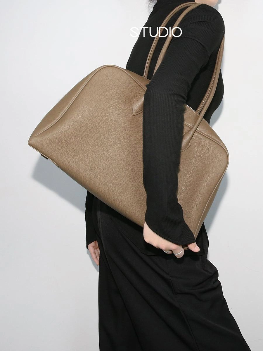 Luxury Togo Genuine Leather Boston Tote Bag for Women, Designer-Inspired Bowling Style, Large Laptop Commuter Bag Minimal Travel Fashion Statement