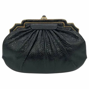 Judith Leiber Black Lizard Gold Deco Top Edge Clutch Graceful Look Timeless Outfit