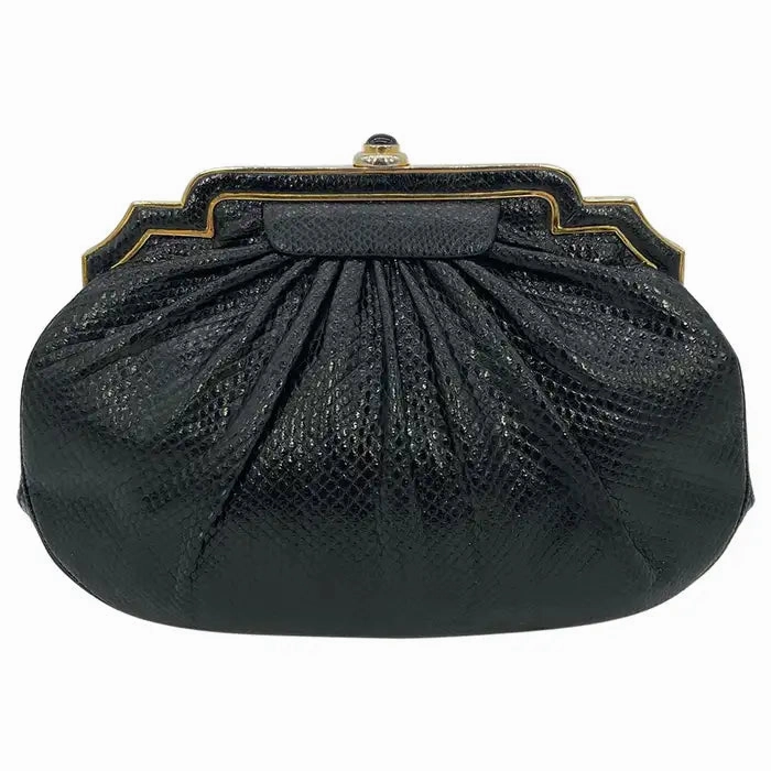 Judith Leiber Black Lizard Gold Deco Top Edge Clutch Graceful Look Timeless Outfit
