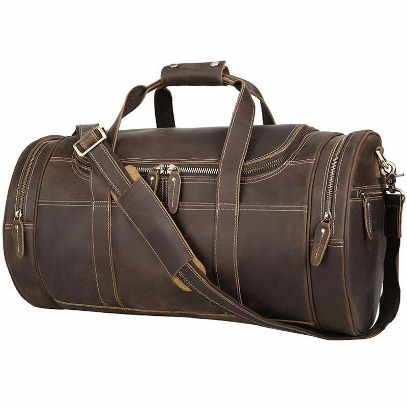 Casual Brown Leather Barrel ound Men's Large Overnight Bag Travel Bag Luggage Weekender Bag For Men Slim Companion