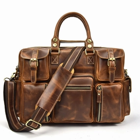 Side zipper Genuine Leather Mens Vintage Brown Cool Weekender Bag Large Travel Bag Briefcase for men