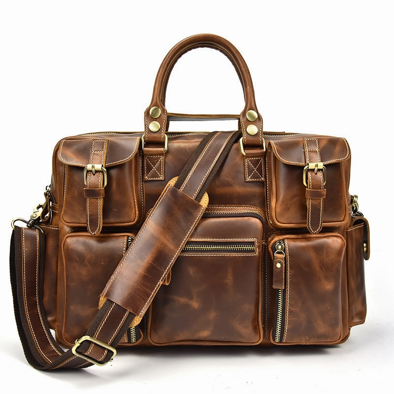 Side zipper Genuine Leather Mens Vintage Brown Cool Weekender Bag Large Travel Bag Briefcase for men